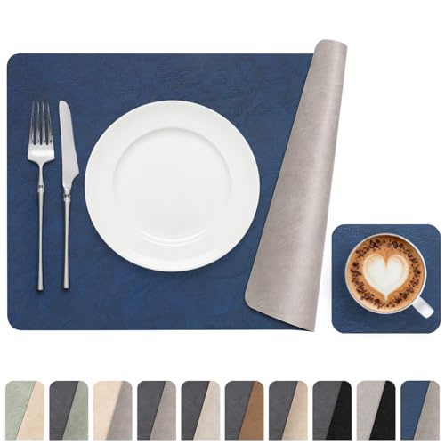 Vinyl Placemats Set of 6, Dual Sided Place Mats with Drink Coasters - color: Navy Blue/Light Gray Two-tone, size: Set of 6