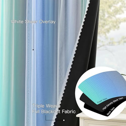 XiDi 100% Blackout Curtains for Girls Bedroom Living Room 96 Inch Length 2 Panels Kids Rainbow Blue Green Grey Mix & Match Double Layer Curtains with Sheer Overlay Grommet Window Drapes 34W x 96L - color: Blackout-blue-green-grey, size: 34"W x 96"L (Pack