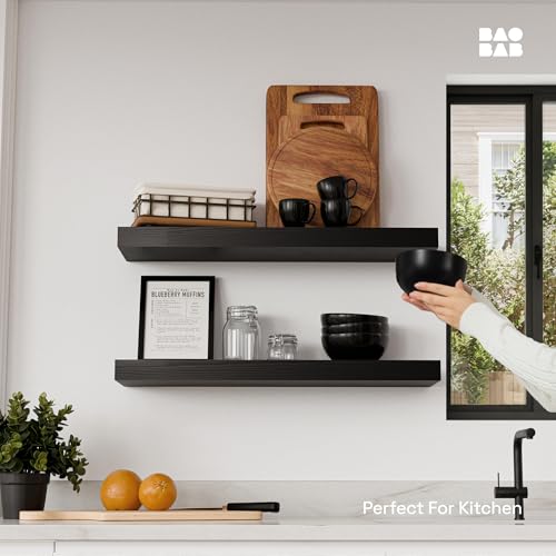 Solid Wood Floating Shelves for Wall 24 inch Black, Wooden Bathroom Shelf - color: Black, size: 24 Inch