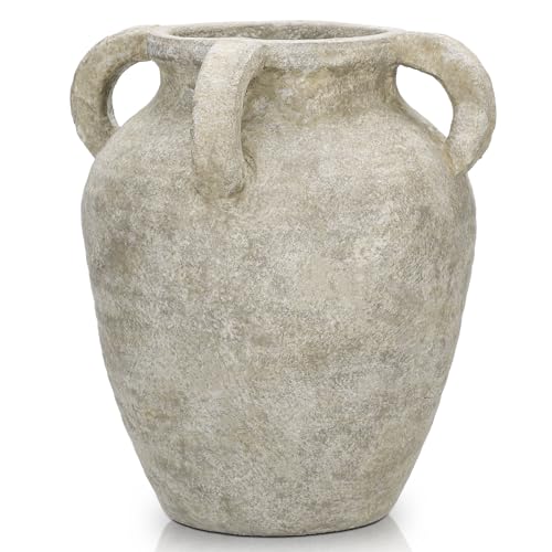 Handmade Flower Vase, 9.8" Tall Terracotta Vase, Vintage Ceramic vase, Rustic Green Antique Decor with 4 Handles, Wide Mouth, Matte Finish for Home Office Resto Café Décor - color: Green With Handles 9.8"