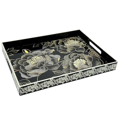 Serving Tray with Handles, 15.7 * 11.8 inches, Plastic Ottoman Tray with Exquisite Paintings, Trays for Coffee Table - color: Black Peony