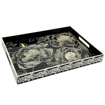Serving Tray with Handles, 15.7 * 11.8 inches, Plastic Ottoman Tray with Exquisite Paintings, Trays for Coffee Table - color: Black Peony