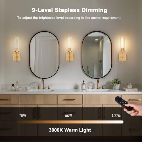Gold Battery Operated Wall Sconce Set of 2, Wireless Wall Sconces with Remote Control, Rechargeable LED Dimmable Wall Light for Bedroom Bathroom Hallway Living room Entryway Stairwell, 3000K - color: Gold & Clear Glass, size: Battery 16 Inch