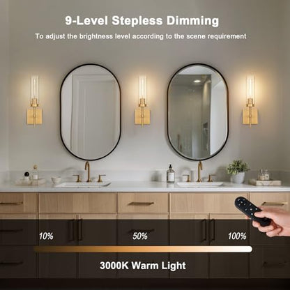 Gold Battery Operated Wall Sconce Set of 2, Wireless Wall Sconces with Remote Control, Rechargeable LED Dimmable Wall Light for Bedroom Bathroom Hallway Living room Entryway Stairwell, 3000K - color: Gold & Clear Glass, size: Battery 16 Inch