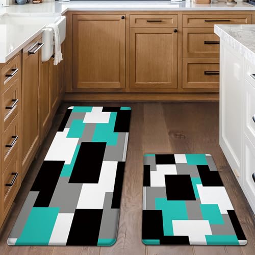 Tyrot Teal Kitchen Rugs Set of 2 Cushioned Anti Fatigue Kitchen Mats for Floor Non-Slip Waterproof Kitchen Floor Mats Geometric Ergonomic Cushioned Comfort Standing Mat for Laundry, Office, Sink - color: Teal