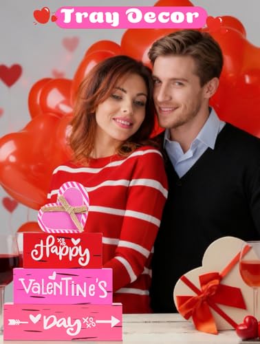 Valentine’s Day Wooden Sign, Happy Valentine Table Decor for Mantle, Farmhouse Rustic Tiered Tray Home Shelf Decorations - size: valentines day