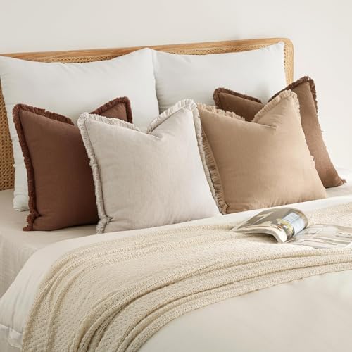 MIULEE Fall Linen Fringe Pillow Covers Set of 4 24x24 Beige/Brown - color: Brown, size: 24" x 24" (Pack of 4)