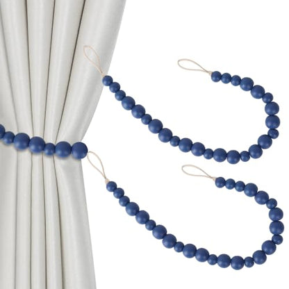 Boho Wood Bead Curtain Tiebacks Curtain Holdbacks with Hooks - color: Navy Blue