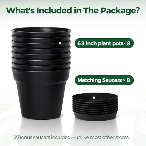 T4U Plant Pots Indoor 6 Inch 8 Pack, Plastic Flower Pots with Saucer Black - color: Black, size: 6 inch
