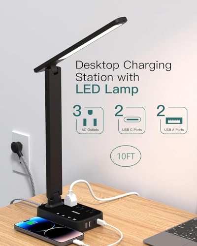 Addtam LED Desk Lamp, Power Strip with 3 Outlets 4 USB Charging Ports(2 USBC), 4 Modes 5 Level Brightness Touch Lamp, Small Desk Lamp for Home Office College Dorm Room Essentials, 10 FT - color: Black, size: 10 FT