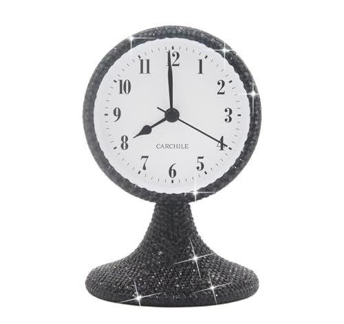 Luxury Rhinestone Alarm Clock Morning Call Super Silent Non Ticking Handmade Fashion Design for Bedroom Houseroom Living Room Desk Cute As Gift AR (Black) - color: Black