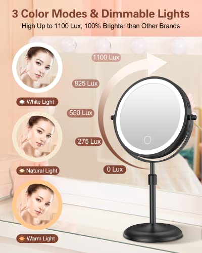 7" Lighted Makeup Mirror with Magnification 10X, Height Adjustable,3 Lights - color: Black