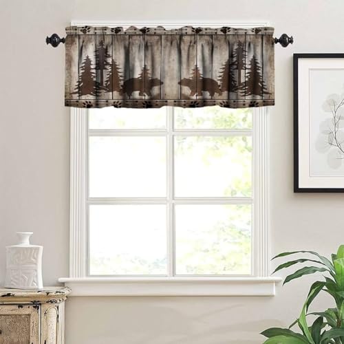 Bear Kitchen Valance, Rustic Cabin Pine Forest Wild Animal Black Bear Retro Wooden Board Window Valance for Farmhouse Bedroom Living Room,54x18in - color: Bear-12