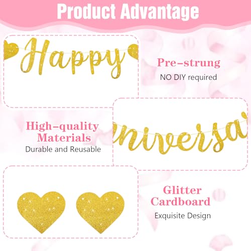 Pre-Strung Happy Anniversary Banner, Happy Anniversary Decorations Glitter Wedding Bunting Banner Flag No DIY Party Decoration Garland for Anniversary