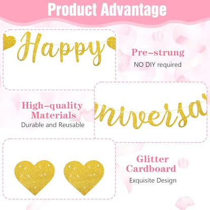 Pre-Strung Happy Anniversary Banner, Happy Anniversary Decorations Glitter Wedding Bunting Banner Flag No DIY Party Decoration Garland for Anniversary