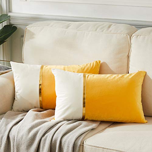 Fancy Homi 2 Packs Decorative Throw Pillow Covers 12x20 Inch for Living Room Couch Bed, Yellow and White Velvet Patchwork with Gold Leather, Luxury Modern Home Decor, Lumbar Cushion Case 30x50 cm - color: Yellow, size: 20" x 12" (Pack of 2)