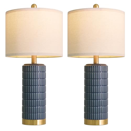 PoKat 25'' Blue Table Lamps for Bedroom Living Room Set of 2, Modern Ceramic Bedside Lamps with Gold Base for Office Sideboard Entryway Side End Table Nightstand Desk Lamps Home Gift (Dark Blue) - color: Dark Blue