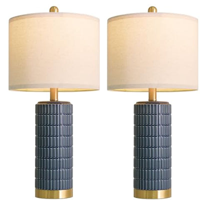 PoKat 25'' Blue Table Lamps for Bedroom Living Room Set of 2, Modern Ceramic Bedside Lamps with Gold Base for Office Sideboard Entryway Side End Table Nightstand Desk Lamps Home Gift (Dark Blue) - color: Dark Blue