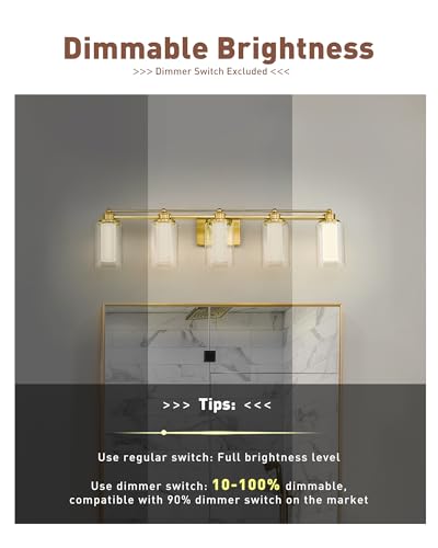 HWH 5-Light Vanity Light, Brushed Gold, Clear Glass, 30W, 5HLT63B-5W-LED BG - color: Brushed Gold + LED, size: 5 Lights