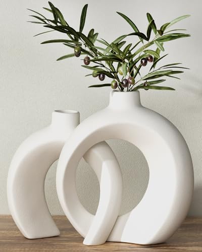 Donut Ceramic Vase Set of 2 for Flower or Home Table Decor (Matte White) - color: Matte White