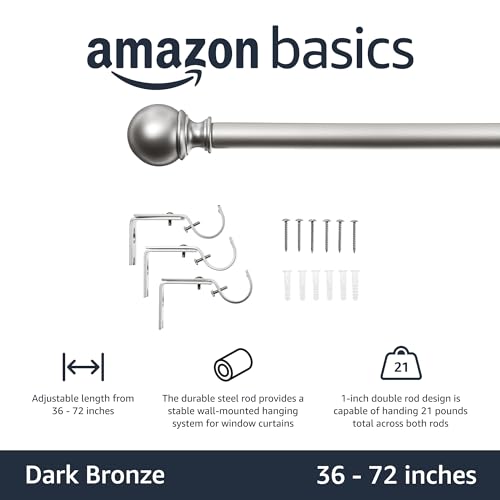Amazon Basics Sturdy Adjustable Curtain Rod for Windows with Round Finials, Easy Installation, 1-Inch Rod, 36" to 72", Nickel, 1-Pack - color: Nickel, size: 36" to 72"