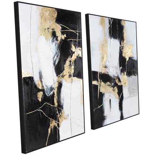 SAFERRYHOME Framed Abstract Black and Gold Modern Wall Art, Large 24"x36"x2 - color: Black Gold 2, size: 24" x 36" x 2 Panel Framed