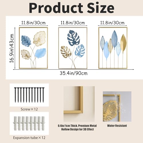 Bohemian 3D Metal Leaf Gold Wall Art Set of 3 | Boho Hallway Wall Hanging Home Decor for Farmhouse Living Room, Office, Bedroom, Indoor, Outdoor | Large Modern Minimalist Gold Metal Wall Sculptures(16x11")