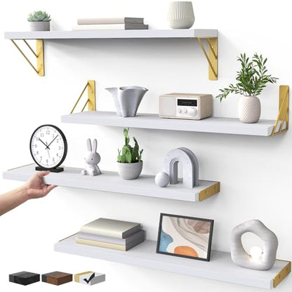 BAYKA 22.4 in Long Wall Mounted Floating Shelves (White and Gold, Set of 4) - color: B. White Board & Gold Brackets, size: 22.4 inches Uniform