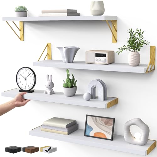 BAYKA 22.4 in Long Wall Mounted Floating Shelves (White and Gold, Set of 4) - color: B. White Board & Gold Brackets, size: 22.4 inches Uniform