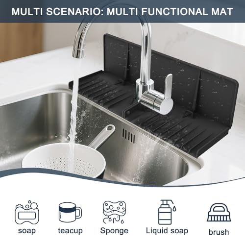 Silicone Sink Splash Guard Behind Faucet, Faucet Mat Backsplash Guard Black - color: Black, size: 14.4x8.8 inch