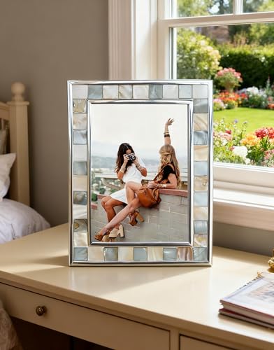 Silver Plate Picture Frame 4x6 Mother of Pearl 4 by 6 Photo Frame Mosaic Glass Tabletop Frame (Grey+ White,1pc) - color: Grey, size: 4x6 Inch
