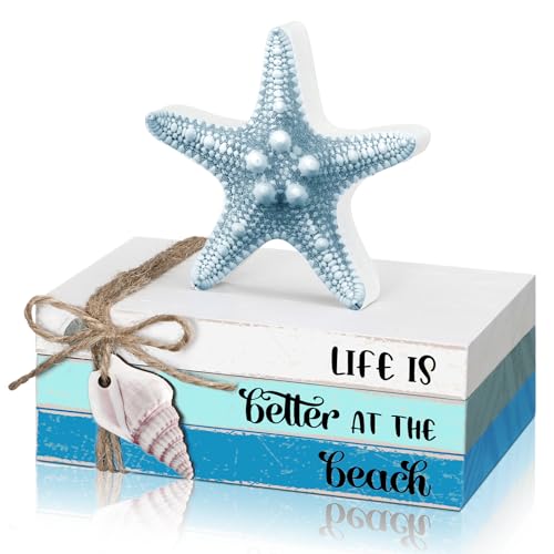 Spiareal 4 Pcs Summer Beach Table Decoration Starfish Seashell Tiered Tray Decorations Wooden Block Stacked Book Rustic Nautical Decoration Beach Room Decor for Tabletop Shelf Mantel Home Office Desk - size: Beach