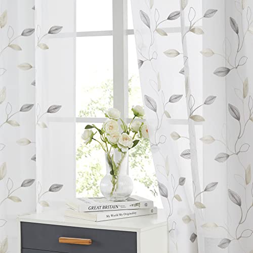 Bujasso Embroidered Leaf Sheer Curtains, Gray Beige 38" Wx63 Lx2 - color: Yellow Grey, size: 38"W x 63"L (Pack of 2)