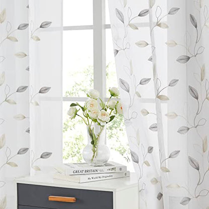 Bujasso Embroidered Leaf Sheer Curtains, Gray Beige 38" Wx63 Lx2 - color: Yellow Grey, size: 38"W x 63"L (Pack of 2)