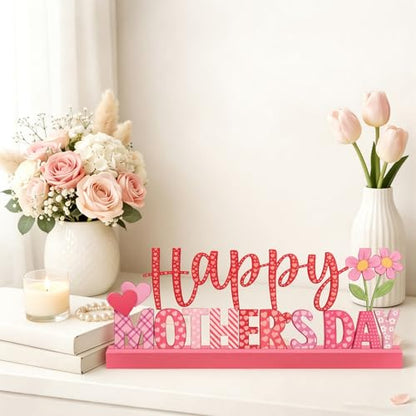 Yaocom 13.78 Inch Metal Happy Mothers Day Sign Mother's Day Table Decorations Holiday Tiered Tray Letter Sign Mom Table Centerpiece with Wooden Base for Home Shelf Mantel Office Kitchen Party Decor - style: Mothers Day