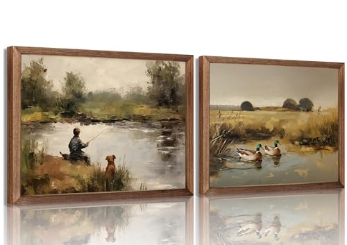 Vintage Wall Art Set of 2, Rustic Boy Fishing Mallard Duck Canvas Wall Decor, Wildlife Nature Pond Prints for Living Room Bedroom Office Rustic Home Decor 8x10in Wood Framed - color: Yellow Mandarin Ducks, size: 10"L x 8"W