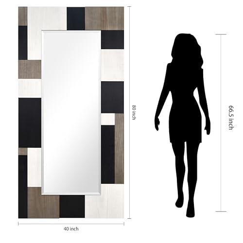 Empire Art Direct Geometric Blocks Hand Made Solid Paulownia Wood Beveled Leaner Mirror, Ready to Hang, Living Room, Bedroom & Office, 78.8"x39.4"x1.6" - style: Geometric Blocks