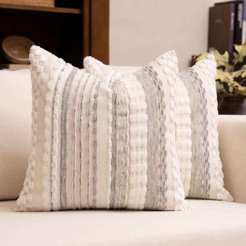 Boho Chenille Tufted Throw Pillow Covers 18x18 Inch Set of 2 Farmhouse Grey Woven Striped Decorative Pillowcases for Couch Sofa Bed - color: Grey