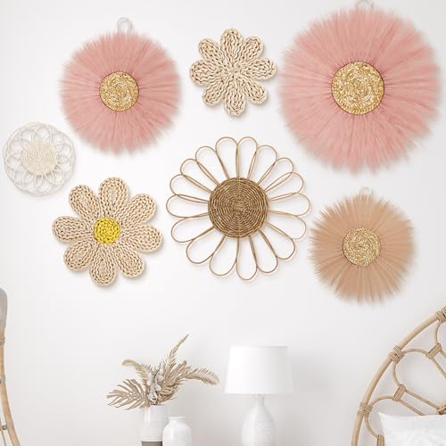 Chunful 7 Pcs Boho Wall Basket Decor Rattan Flower, Dark Pink - color: Dark Pink