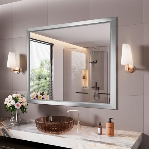 Amorho Bathroom Mirror for Wall 44x36 Inch, Brushed Silver Metal Framed - color: Silver, size: 44"L x 36"W