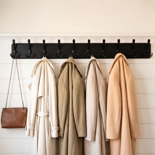 WEBI Coat Rack Wall Mount,38 9/16" Long,10 Tri Hooks for Hanging Coats,16" Hole to Hole,Wood Coat Hooks Wall Mounted,Wall Coat Hanger for Clothes,Jacket,Hats,Rustic Black,2 Packs - color: Black, size: 10 Hooks(2 Packs)