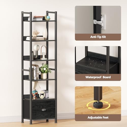 Furologee 6 Tier Bookshelf with Drawer, Tall Narrow Bookcase, Black Oak - color: Black Oak, size: 6 Tier