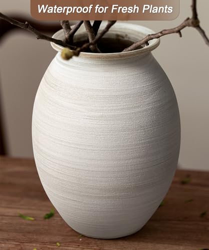 Matte White Textured Ceramic Vase, Rustic Farmhouse Centerpiece, 9 Inch