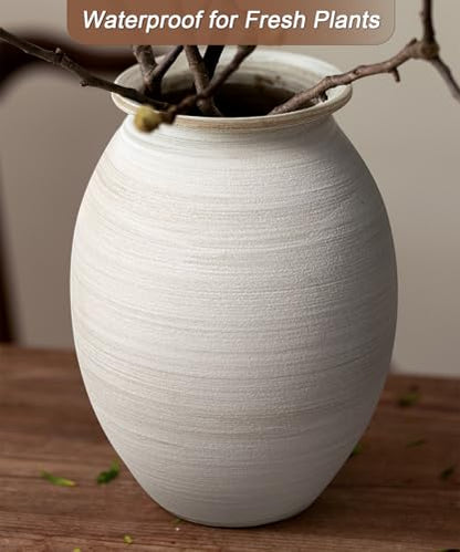 Matte White Textured Ceramic Vase, Rustic Farmhouse Centerpiece, 9 Inch