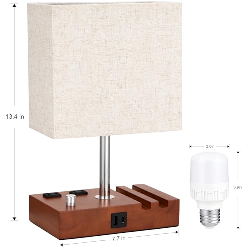 Brown Wood Grain Bedside Lamp - Stepless Dimmable, USB C+A, 2 AC Outlets - color: Brown Wood Grain with Knob Switch, size: 1 Pack