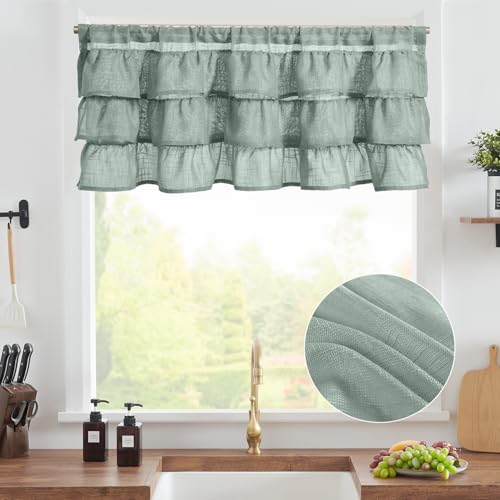 jinchan Ruffled Kitchen Window Valance Curtain, 18 Inch, 1 Panel, Green - color: 3-tier Ruffle | Frosty Green, size: 50"W x 18"L (Pack of 1)