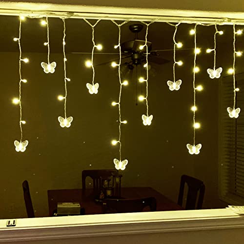 Butterfly Curtain Fairy Lights USB Plug in,8 Modes 120 LED 21FT Firefly Twinkle Timer String Lights with Remote, Waterproof for Bedroom Patio Christmas Wedding Party (Warm White) - color: Warm White