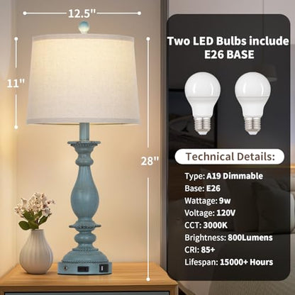 CINSARY 28" Tall Coastal Table Lamps for Living Room Set of 2, Farmhouse Rustic Blue Bedside Touch Lamp with USB C+A Ports & Outlet, 3-Way Dimmable Resin Nightstand Lamps for Bedroom Side End Table - color: Blue