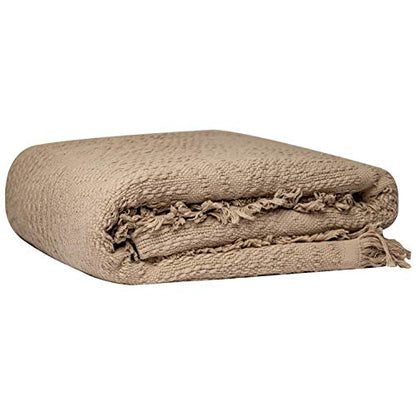 GLORY SEASON 100% Cotton Throw Blanket in Light Brown Jacqard Weave Fabric with Fringe Soft All Season Cover for Bed Couch and Living Room Sofa,Chair 50x60 Inches - color: Light Brown