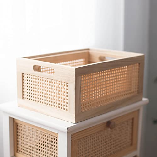 Rattan Woven Wooden Storage Basket Set of 2, Square‑corner Rectangular - size: Rectangle B - 2-Piece Set